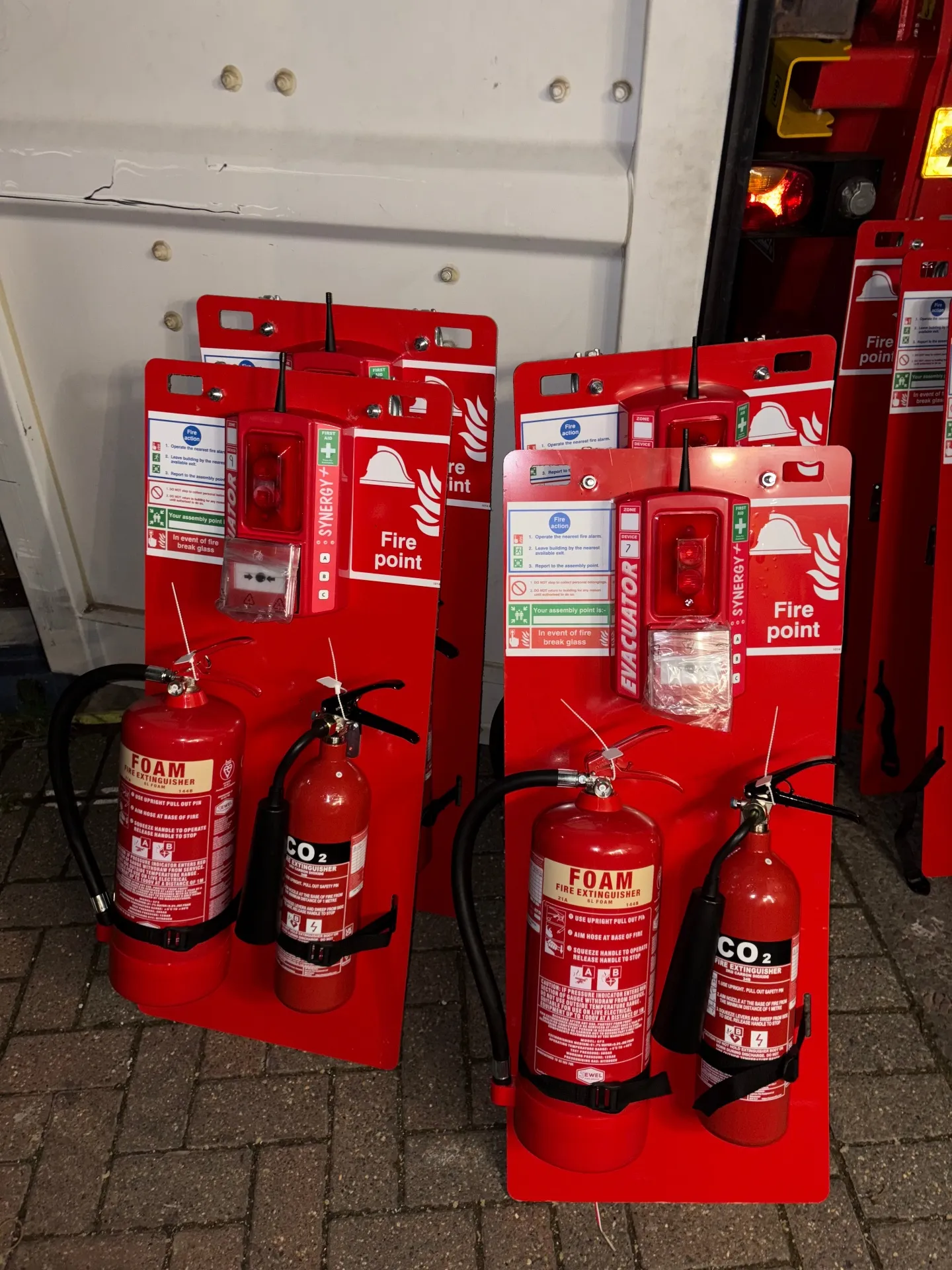 Scaffold post fire point boards with radio linked call points and foam and CO2 extinguishers